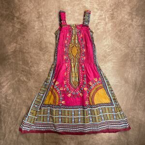 Vintage 90s Mamta Multicolor Smocked Midi Dress Floral Boho Print Sleeveless